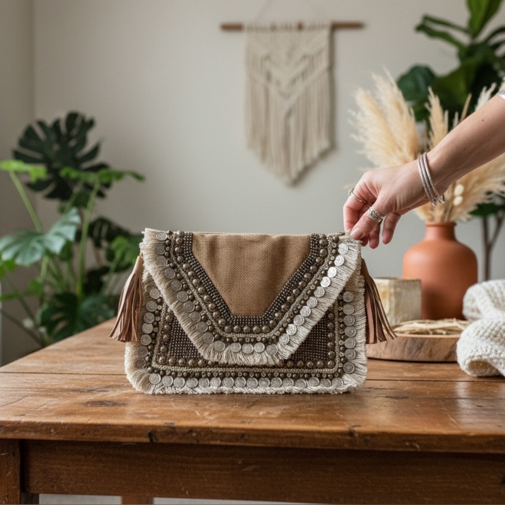 Shashi Leela Crossbody bag with coins and full fringe woven crossbody strap